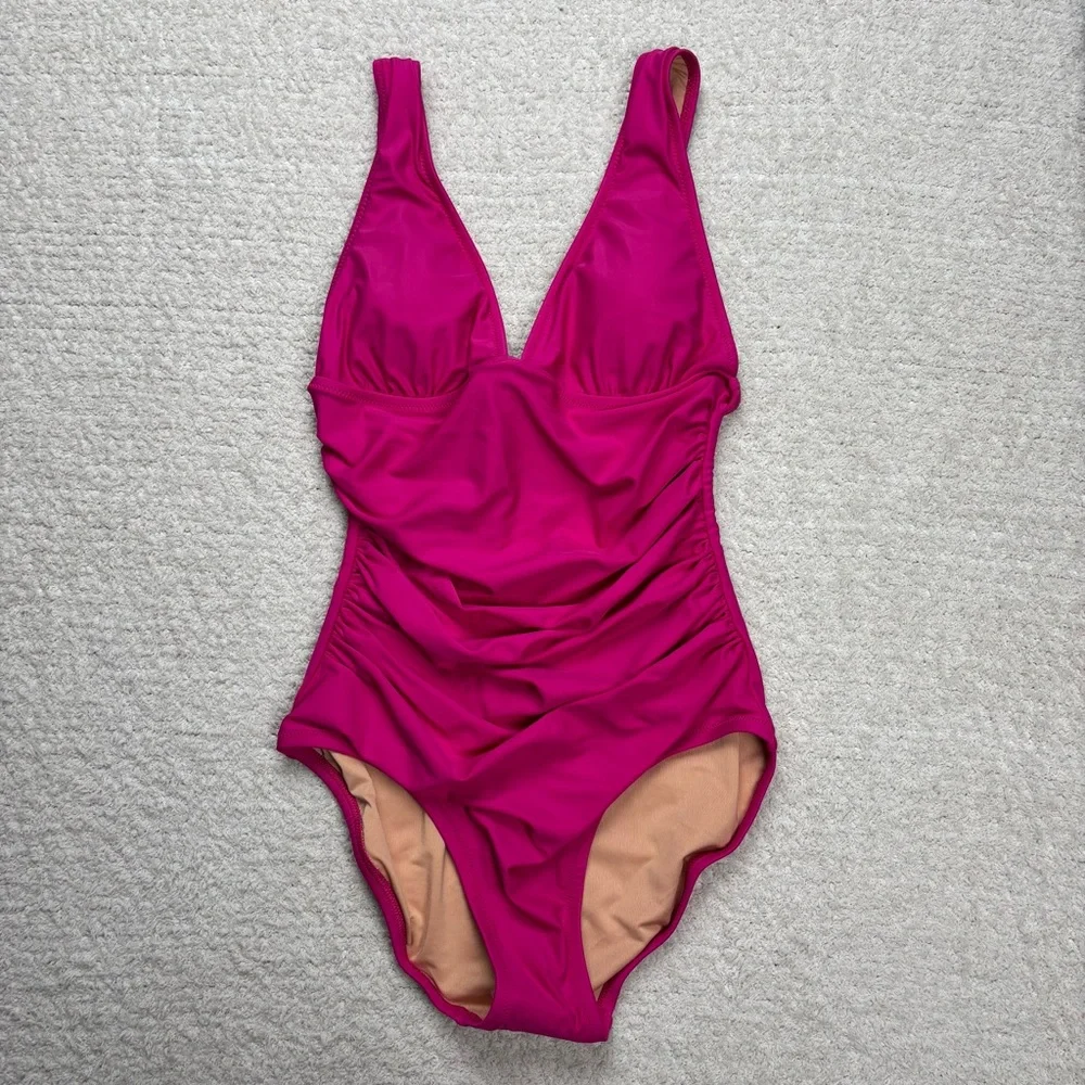 J. Crew Swimsuit Womens 2 Fuchsia Pink Ruched V-Neck One Piece‎ Swim Beach Vacay